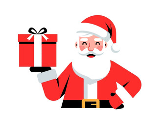 Santa holds a present He is wearing his traditional red outfit
