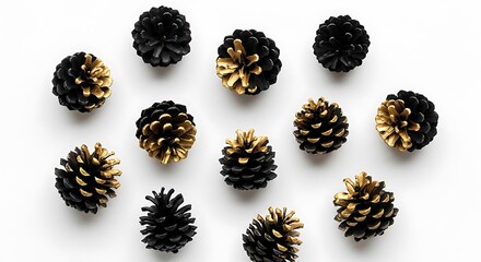 A collection of small pinecones painted black and gold, arranged on a white background.