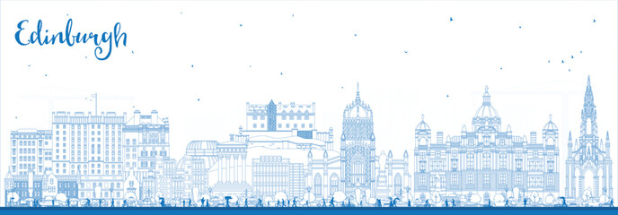 Outline Edinburgh Scotland city skyline with blue buildings. Edinburgh cityscape with landmarks. Business travel and tourism concept with modern and historic architecture.