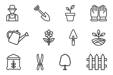 Gardening icon set on white background. Symbol of farmer, shovel, watering can, flower, tree, plant, gloves, trowel, fence, trimmer, seed, organic. Gardening element outline editable vector stock © Wiwi