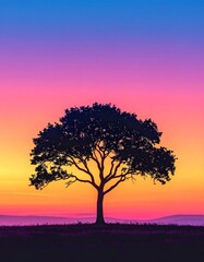 Obraz premium Silhouette of a lone tree against a vibrant sunset sky.