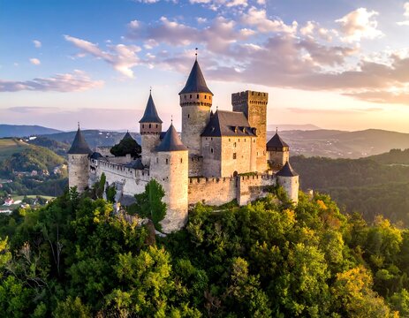 A majestic medieval castle on a hilltop against a sunset sky