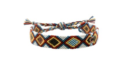 Handmade friendship bracelet with diamond pattern on white background