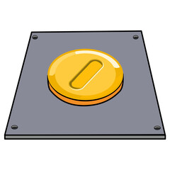 Circular, bright yellow button, mounted on a light gray wall