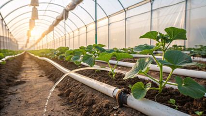 Young melon seedlings growing in pots under gentle sunlight and irrigation, symbolizing fresh growth, agriculture, and sustainable farming practices.