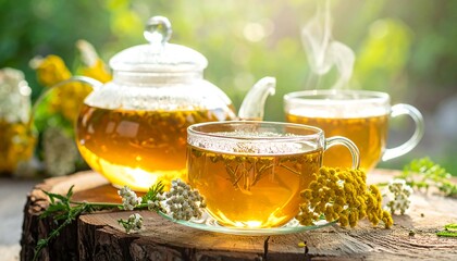 A glass teapot and two mugs filled with hot herbal beverage. The scene is captured in natural sunlight on a wooden surface