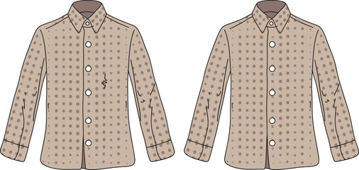 Beige polka dot shirt front view, long sleeve button-down fashion garment, tailoring marks, collar detail, cad drawing flat vector illustration