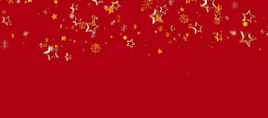 Elegant red background with floating golden stars and snowflakes, ideal for holiday themes and Christmas celebrations. Perfect for festive desig