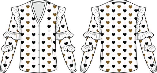 Women's blouse fashion sketch, V-neck button top, ruffle sleeve lace trim, heart pattern textile, cad drawing flat vector illustration