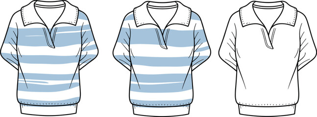 Pullover shirt, long sleeve, collar zip, fashion sketch, casual wear, striped design, white garment, apparel flat, cad drawing, flat vector illustration