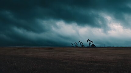 Industrial oil pump jacks operate in a vast dry field under a dramatic stormy sky