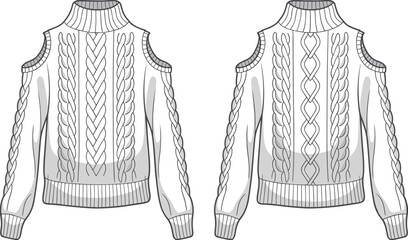 Knitted sweater, cable knit, open shoulder, ribbed collar, fashion sketch, garment design, winter wear, cad drawing, flat vector illustration