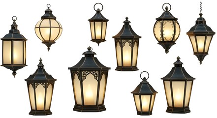 Collection of vintage style lanterns on white background