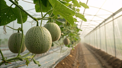 Close-up of green melons growing in a modern greenhouse, showcasing sustainable agriculture, organic farming, and fresh fruit cultivation under controlled conditions.
