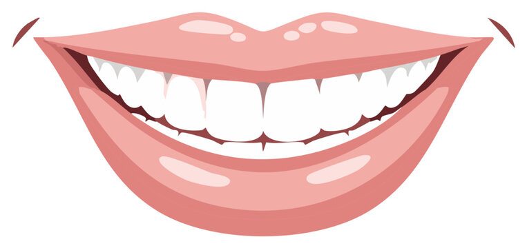 Stylized illustration of a broad, smiling mouth with clean white teeth and pink lips