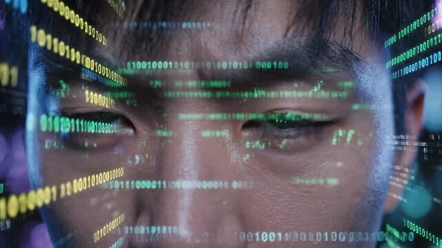 A close-up of a man's face is shown.  Translucent rows of binary code consisting of zeros and ones in various shades of blue and yellow are superimposed on top of the face. The code is positioned in s