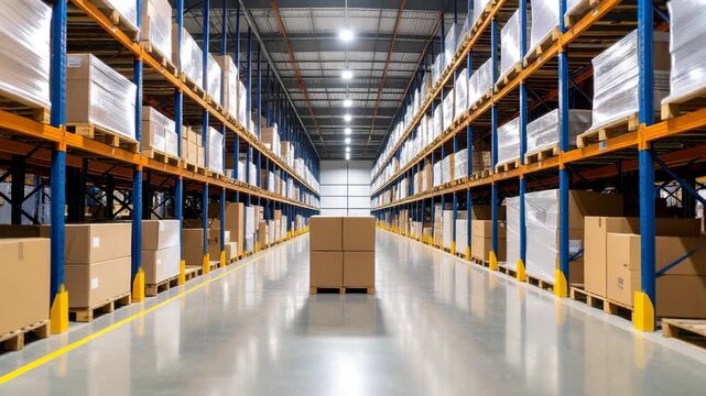 Interior view of a large warehouse with tall shelves filled with cardboard boxes and goods ready for distribution and shipping logistics
