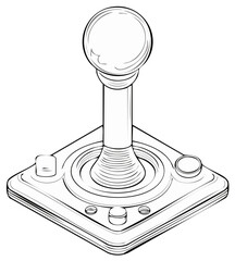 Retro arcade joystick controller with buttons, isometric view, clean line art illustration