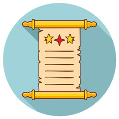 Unrolled ancient parchment scroll with stars and text lines, a vintage paper document illustration in flat design style.