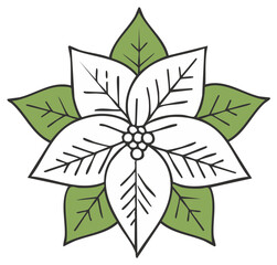 Stylized Poinsettia Flower Illustration with Green Leaves and White Petals
