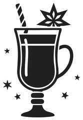 Festive mulled wine in a glass mug with a star anise garnish and straw black and white vector icon