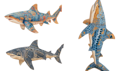 Decorative Shark Models with Intricate Patterns and Designs