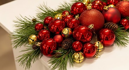 A close-up shot of a festive arrangement of red and gold Christmas ornaments with pine needles and pinecones.