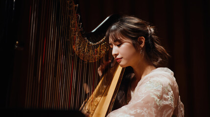 Fototapeta premium An Asian woman elegantly plays the harp on stage in a bright concert hall, showcasing her talent and captivating the audience during a recital