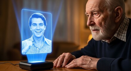Elderly man interacting with a holographic projection of a younger man.