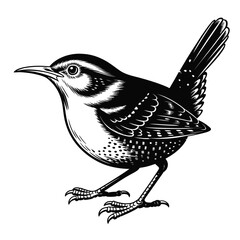 Detailed black and white illustration of a small wren bird
