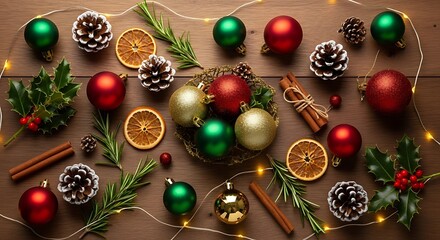 A festive flat lay arrangement of Christmas ornaments, pinecones, dried orange slices, cinnamon sticks, and rosemary sprigs on a wooden surface, illuminated by fairy lights.