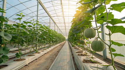 Fresh ripe melons growing in a greenhouse with morning dew on their surface. The image shows healthy orange melons hanging on vines, symbolizing organic farming, freshness, and agricultural 