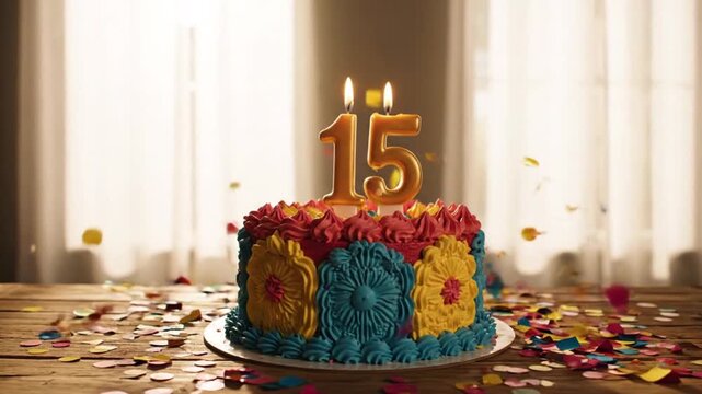 A lively video capturing a 15th birthday celebration, featuring a colorful cake with glowing candles and a shower of confetti on a rustic wooden table.
