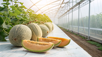 Fresh ripe melons growing in a greenhouse with morning dew on their surface. The image shows healthy orange melons hanging on vines, symbolizing organic farming, freshness, and agricultural