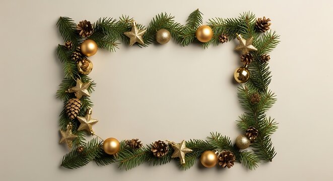 A festive Christmas garland frame made of evergreen branches, pinecones, golden baubles, and star ornaments on a plain background.