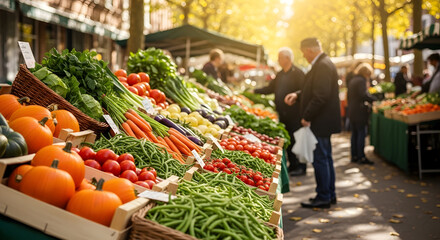 Vibrant Autumn Healthy Food Display at a Lively Farmers Market with Fresh Seasonal Produce