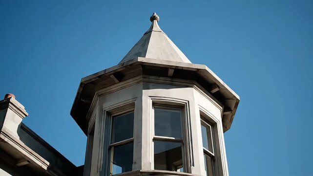 Historic Building Turret and Ornate Bay Window Detail Against a Clear Blue Sky on a Sunny Day Showcasing Classic Architecture and Elegant Design