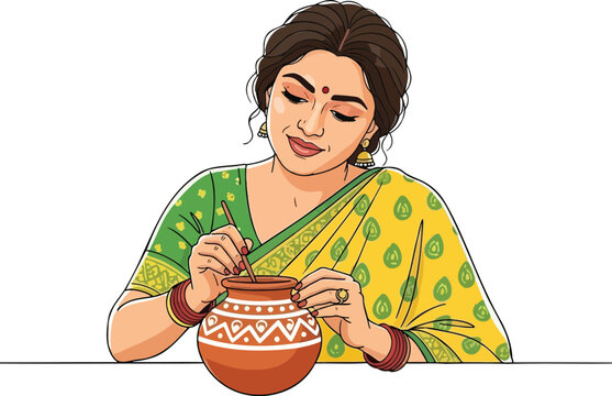 Traditional Indian woman potter artist painting and decorating vector illustration