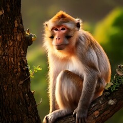 Obraz premium A primate, relaxed in a tree, bathed in warm sunlight