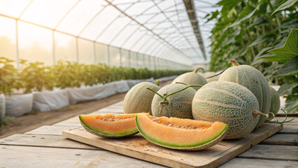 Fresh ripe melons growing in a greenhouse with morning dew on their surface. The image shows healthy orange melons hanging on vines, symbolizing organic farming, freshness, and agricultural