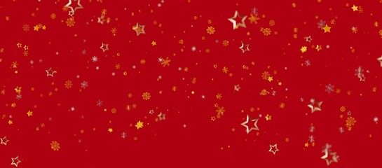 Christmas and New Year festive background. Red backdrop with falling golden stars and snowflakes. Perfect for seasonal designs, holiday greeting