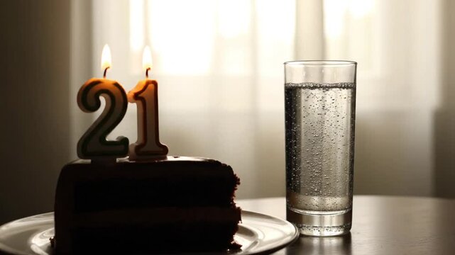 A serene scene featuring a chocolate cake with lit '21' birthday candles and a glass of sparkling water, marking a special 21st celebration.