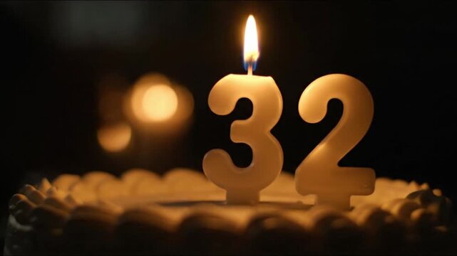 A birthday cake with lit candles forming the number "32" against a dark, bokeh-lit background.