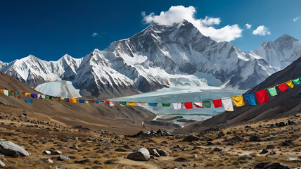 surrounded by rugged, rocky terrain. In the foreground, colorful prayer flags in red, yellow, green, blue, and white are strung along the left side, adding a cultural element to the scene