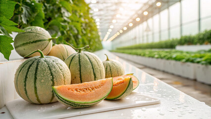 Fresh ripe melons growing in a greenhouse with morning dew on their surface. The image shows healthy orange melons hanging on vines, symbolizing organic farming, freshness, and agricultural