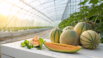 Fresh ripe melons growing in a greenhouse with morning dew on their surface. The image shows healthy orange melons hanging on vines, symbolizing organic farming, freshness, and agricultural 