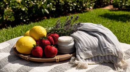 Fresh Fruits, Herbs, and Soft Textiles Arranged on a Rustic Table