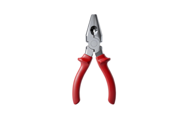 Close-up studio photograph of a red-handled combination pliers tool on a black background isolated on transparent background