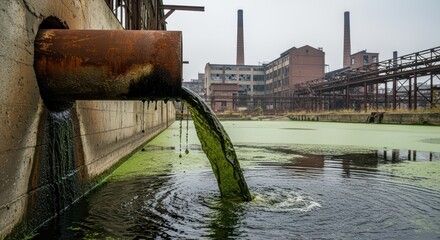 Pollution Flows From Rusty Pipe Into Murky Green Water Near Abandoned Industrial Buildings Under Overcast Sky
