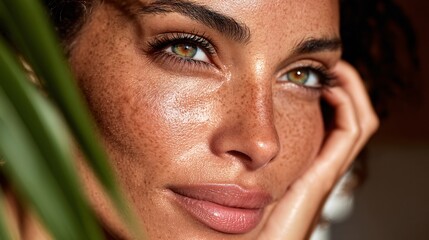 Close-up of a Beautiful Woman's Face with Freckles and Green Eyes